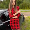 Sukienka ołówkowa w KRATKĘ czerwona z FALBANKAMI na ŚWIĘTA - obrazek 10